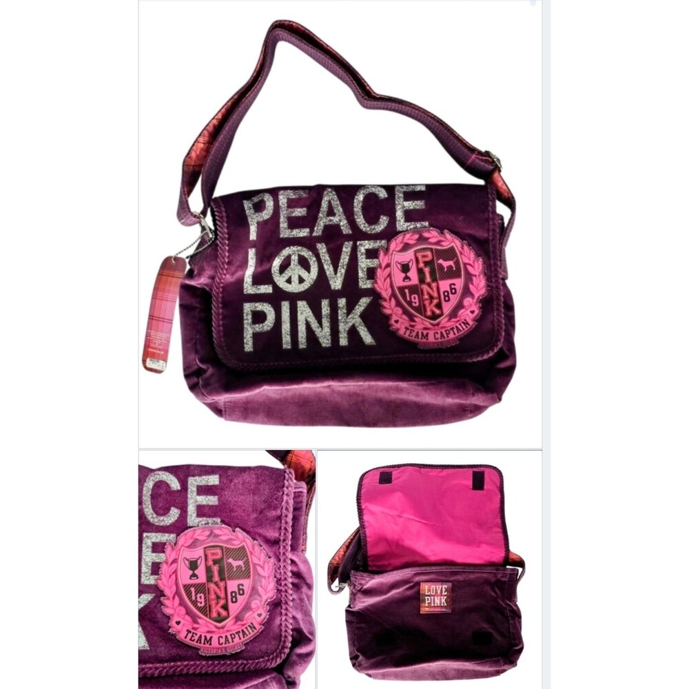 1x VICTORIA' SECRET Y2K PINK PEACE LOVE PINK MESSENGER BAG VELVET Crossbody NEW